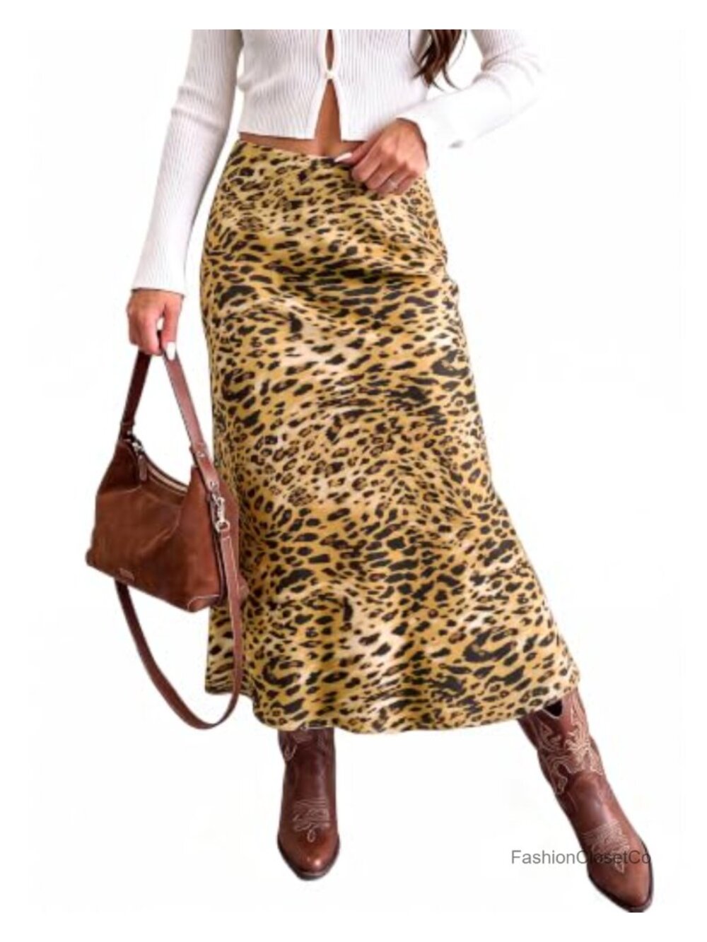 Satin Maxi Skirt ALine Stretchy Elastic Waist PullOn Flowy Leopard